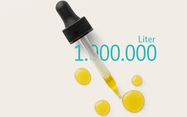 Pipette mit Öl und einzelnen Öltropfen. Ergänzt wird das Bild durch den Text: „1 Million Liter“