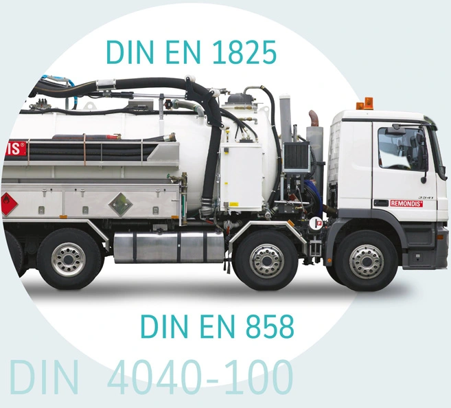 Ein freigestelltes Saug-Druck-Tankfahrzeug. Textlich ergänzt wird das Bild durch die entsprechenden DIN-Vorschriften, die für Öl- und Fettabscheider relevant sind.