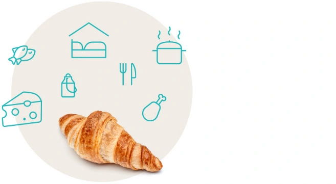 Illustration von einem Croissant mit verschiedenen Lebensmittel-Icons