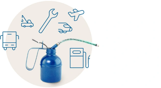 Illustration mit einem blauen Ölkännchen und verschiedenen Icons zu den Themen Handwerk, Verkehr und Industrie