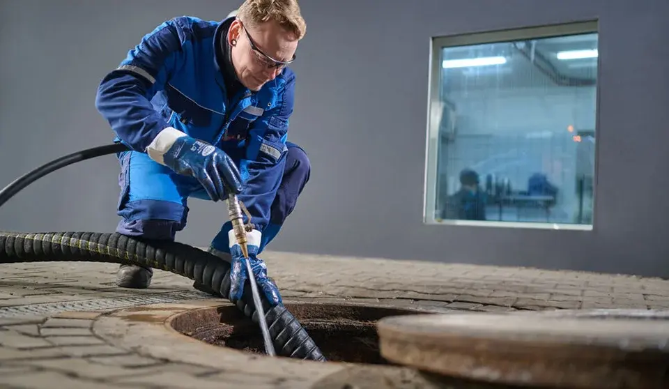 Mitarbeiter in Schutzkleidung reinigt einen Abscheider mit einem Wasser- Hochdruckgerät