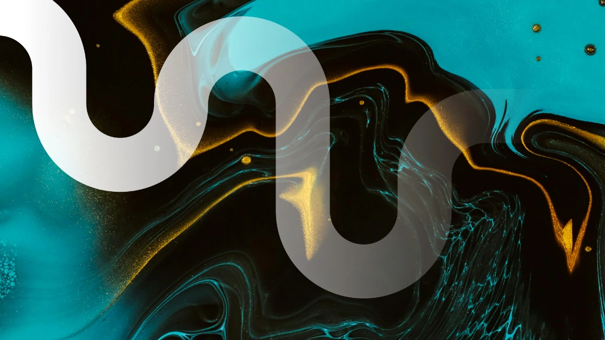 Abstraktes Design mit türkis-gelb-schwarzen fließenden Formen im Hindergrund, die an Tinte im Wasser erinnern. Im Vordergrund halbtransparente, idealisierte Formen, die von Schläuchen oder Rohren abgeleitet sind.