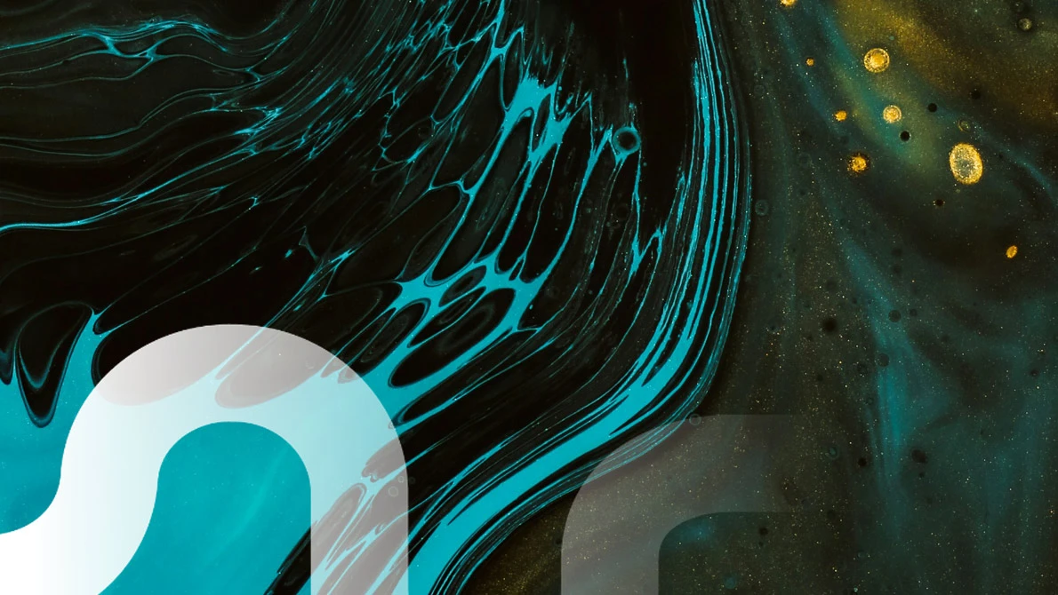 Abstraktes Design mit türkis-gelb-schwarzen fließenden Formen im Hindergrund, die an Tinte im Wasser erinnern. Im Vordergrund halbtransparente, idealisierte Formen, die von Schläuchen oder Rohren abgeleitet sind.
